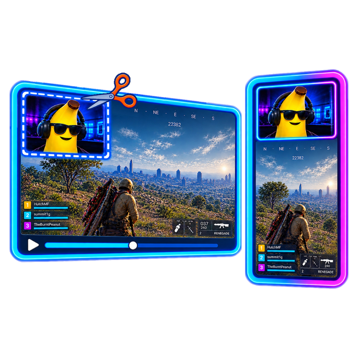 ClipLand artwork showing a horizontal video being transformed into a vertical clip